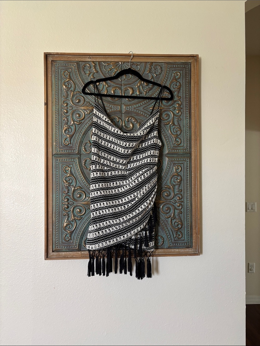 Fashion Nova Black & White Asymmetrical Crochet Fringe Dress